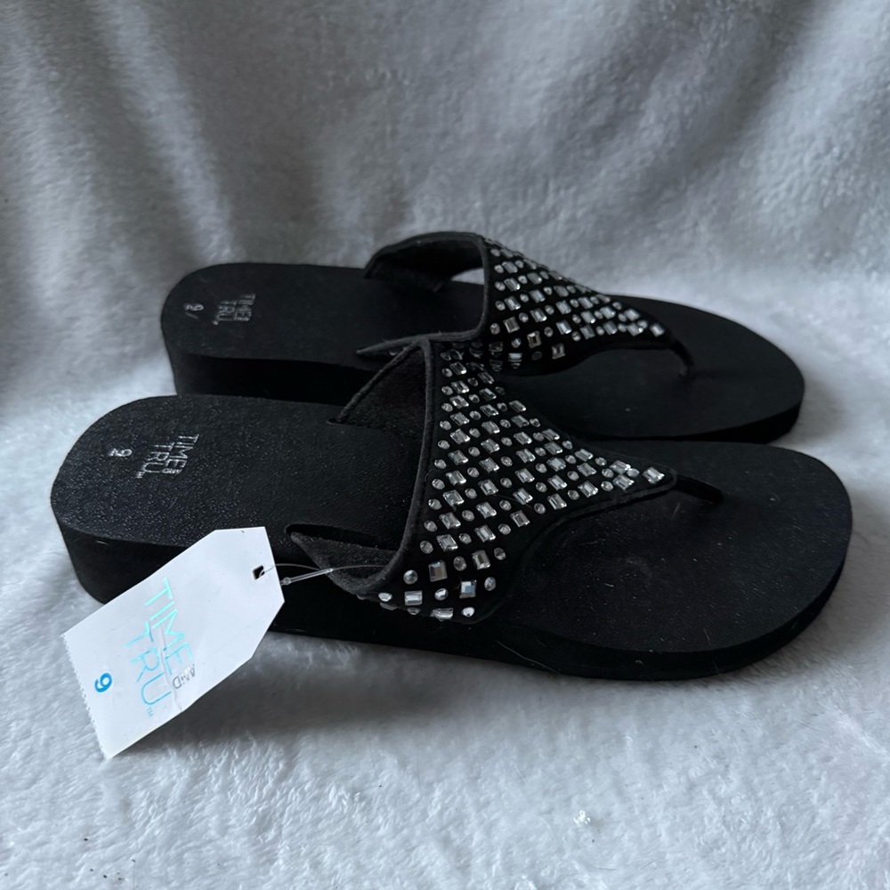 Time and Tru Black Rhinestone Women's Sandals Size 9 New Slip On Whimsigoth